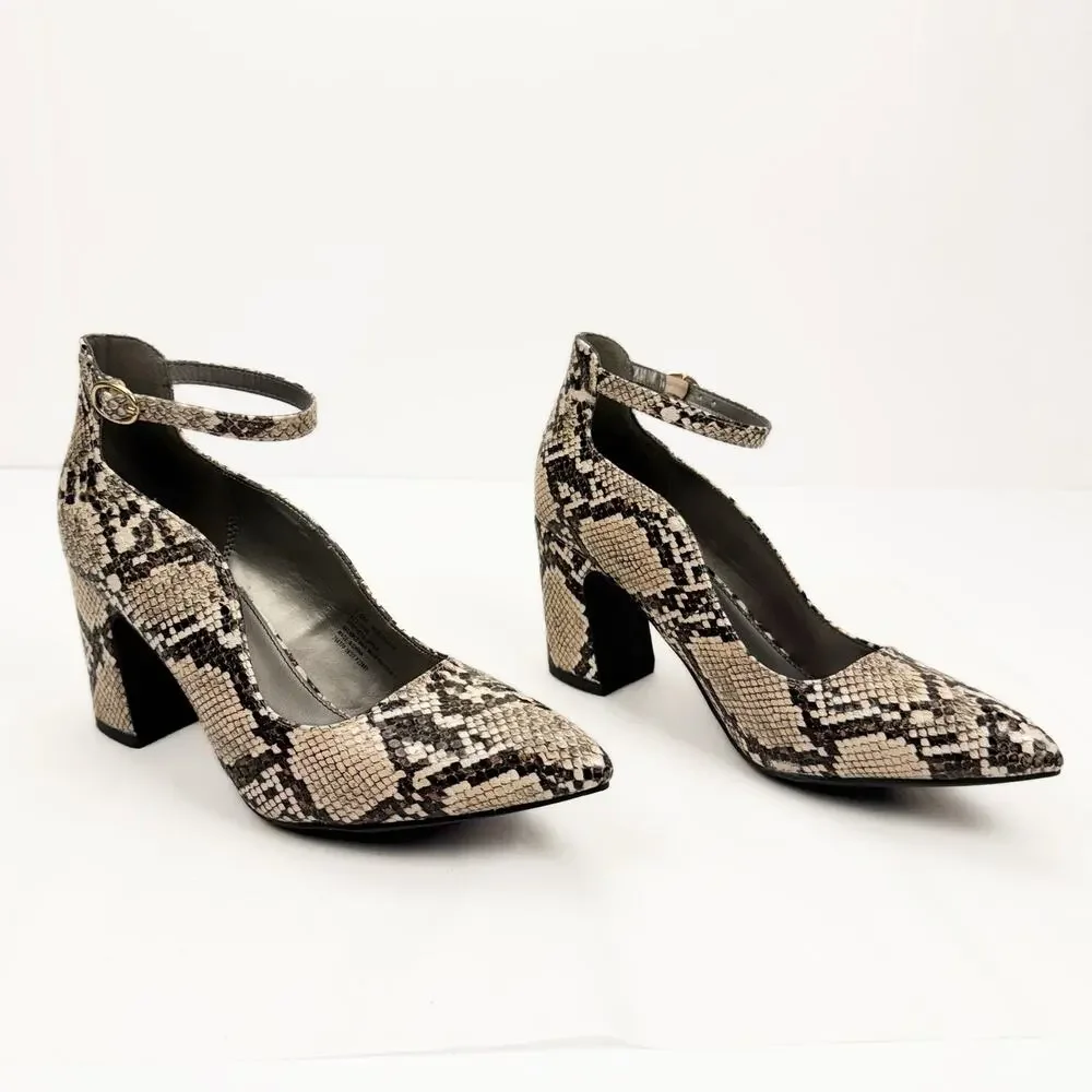 Worthington Snakeskin Block Heel Faux Leather Ankle Strap Pointed Toe‎ Pump 7.5M